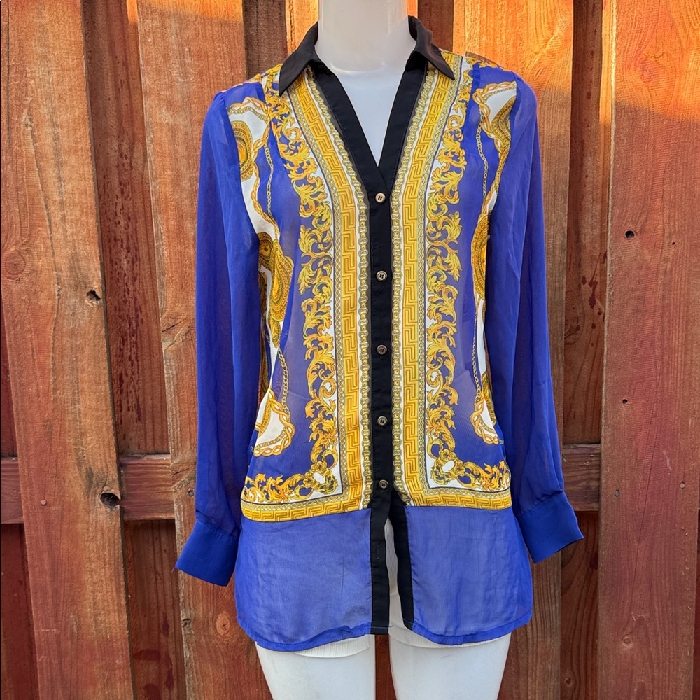 Marineblu Blue and Gold Patterned Blouse Size S